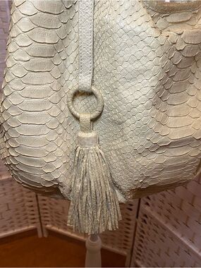 Cream Slight Yellow hue Genuine Python-skin Hobo Tote with Tassel by (PRESMER)